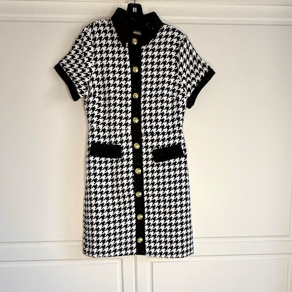 NWT Alexia Admor “Jenni” Tweed Shirtdress black/white houndstooth. Size 10 - Picture 4 of 15